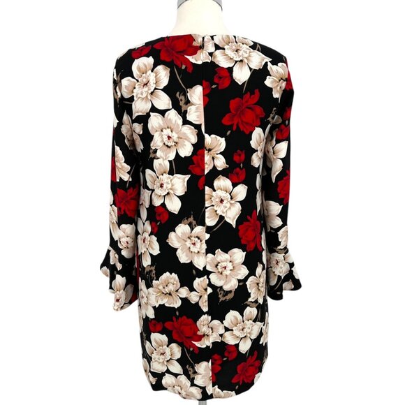 CeCe Floral Long Sleeve Shift Dress Bell Cuff Sleeve Black Red White Size 6 - Picture 8 of 11